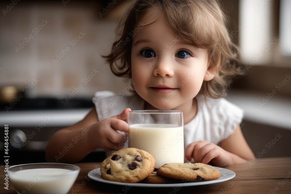 little child drinking milk and cookies