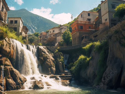 A fabulous, bright and beautiful city with houses near waterfalls against the backdrop of mountains. Waterfalls and a lake in the mountains with houses. fictional city with waterfalls in the mountains
