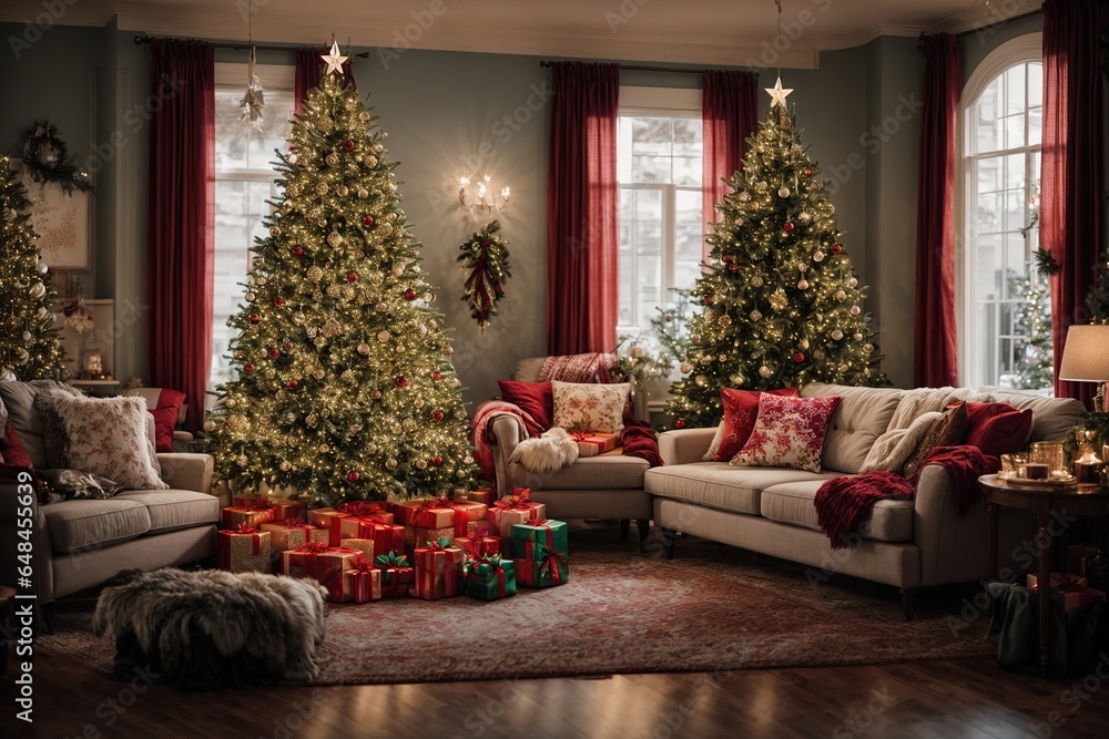 A welcoming living room with a cheerful Christmas tree decorated with lights that sparkle and decorations that are in all different colors.