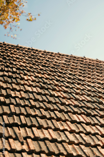 Vertical shot of old tiled orange ceramic roof in autumn season outdoors. Sky above.