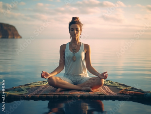 A girl meditates in the lotus position on the ocean or seashore at sunset.