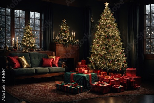 In the dark living room, a decorated Christmas tree with a wrapped gift under christmas tree