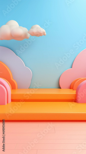 3D rendering podium colourful and childish style, colourful background, clouds, rainbow, and weather with empty space for kids or baby products. Bright and pastel colors.