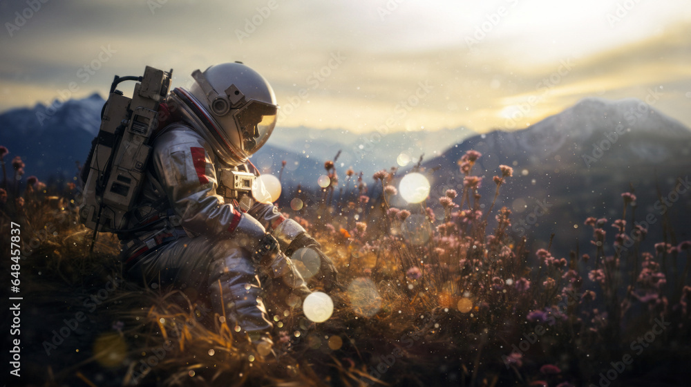 Astronaut im warmer Sonnenaufgang