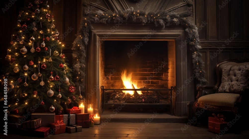 christmas tree with presents in snow and in shiny background with candalls in room interior and outdoor view christmas tree with presents in snow and in shiny background with candalls in room interior and outdoor view