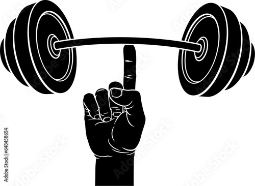 A super strong weight lifting or weightlifting hand holding a heavy barbell or dumbbell with one finger concept.