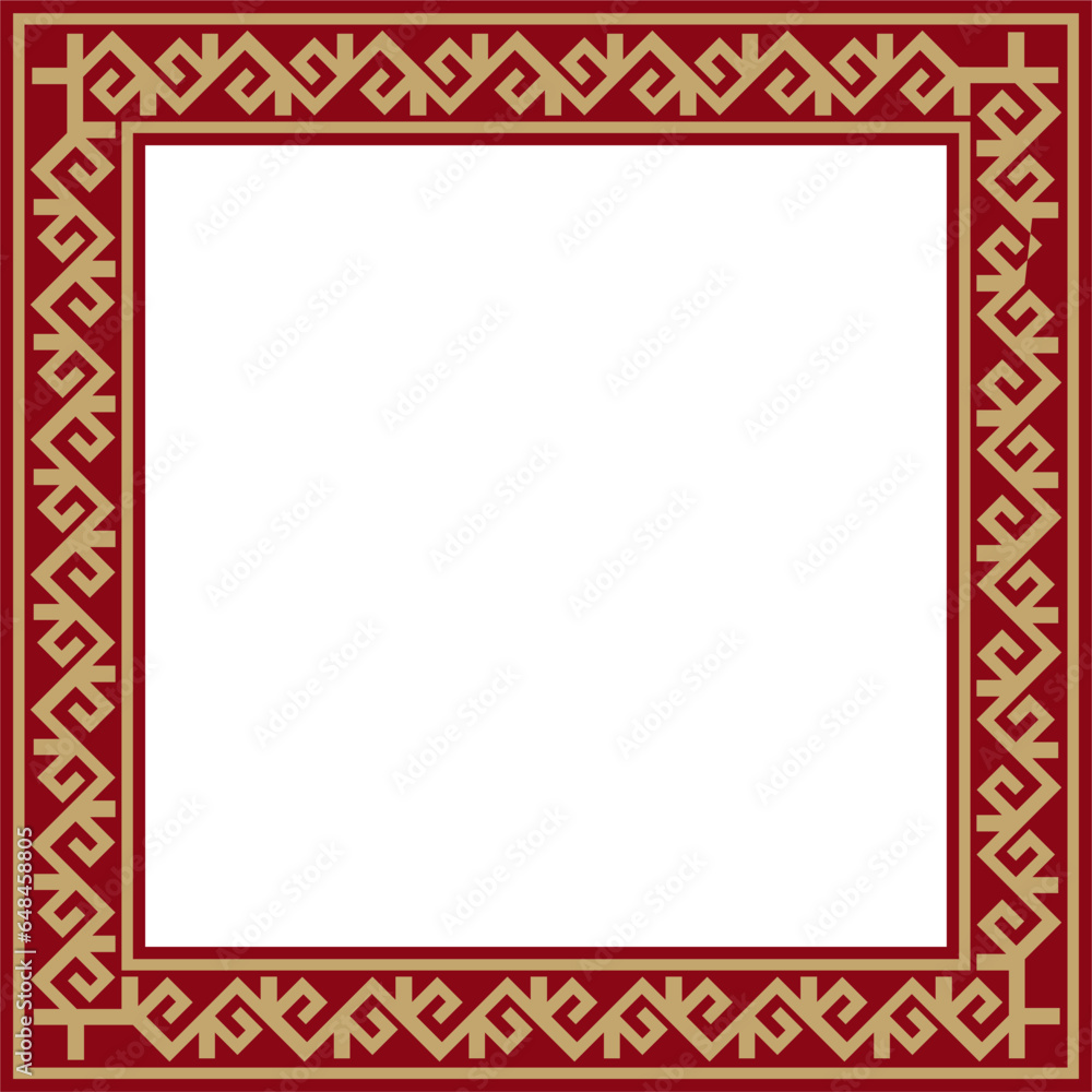 Vector red with gold Square Kazakh national ornament. Ethnic pattern of the peoples of the Great Steppe, .Mongols, Kyrgyz, Kalmyks, Buryats. Square frame border. Vector red with gold Square Kazakh national ornament. Ethnic pattern of the peoples of the Great Steppe, .Mongols, Kyrgyz, Kalmyks, Buryats. Square frame border.