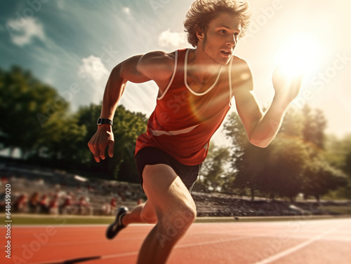 A professional track and field athlete in a sports uniform at the stadium runs along the track at a competition. An athlete performs at an athletics competition.