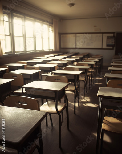 Empty bright school classroom with desks and chairs. The sun's rays shine through the windows. Audience at the university. An office where schoolchildren have lessons.