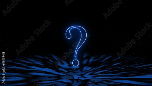 Animated neon blue question mark glowing on a dark background with ripple effects. photo