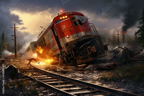 Train derailment at railroad crossing. Generative AI photo