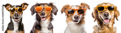 Set of dogs wearing orange glasses For summer ,cut out transparent isolated on white background ,PNG file ,artwork graphic design illustration.