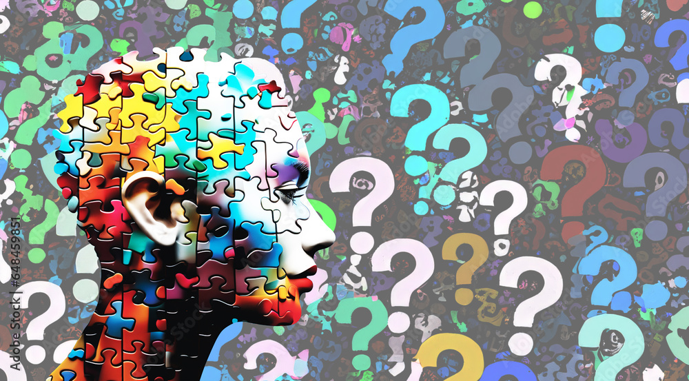 Human head profile and jigsaw puzzle, question mark, cognitive psychology or psychotherapy concept, mental health, brain problem, personality disorder, vector line design,
