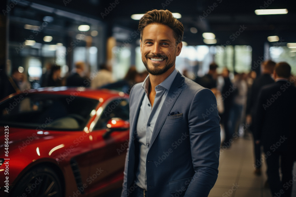 Young friendly car sales manager looking at camera Young friendly car sales manager looking at camera