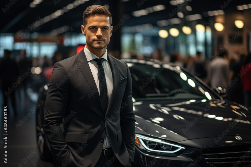 Fototapeta premium Young friendly car sales manager looking at camera
