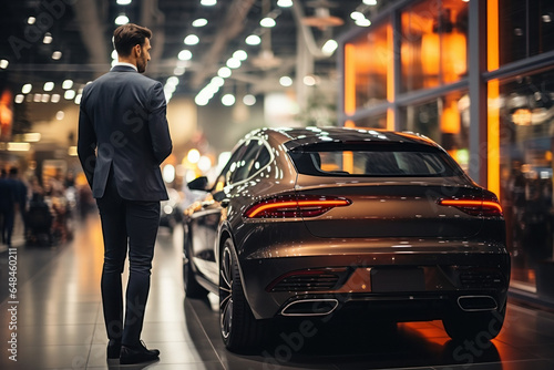 Elegant man in suit examining fancy car in showroom