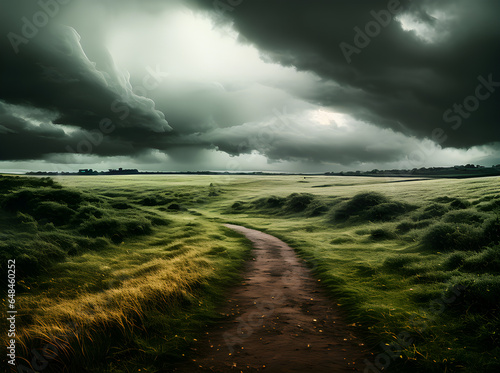 Field footpath realistic storm cinematic duotone colors.