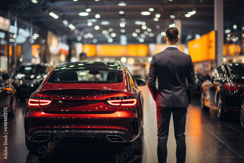 Elegant man in suit examining fancy car in showroom © sofiko14