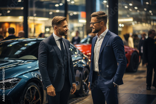 Car salesman talks to a potential buyer about the benefits of a fancy new coupe. © sofiko14