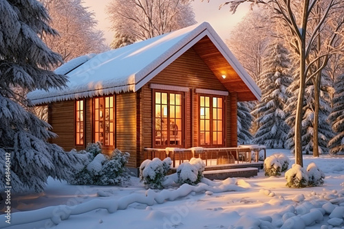 Fairytale wooden house in a snowy forest in winter time
