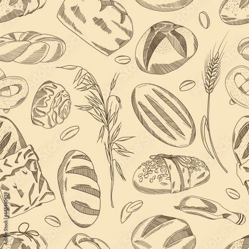 Vector hand drawn seamless pattern of bakery products and wheat, ink sketch style background