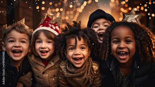 Happy group of diverse kids celebrating christmas