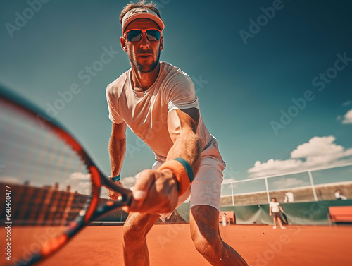 Tennis player and athlete in glasses with a tennis racket in anticipation of a hit. Portrait of a fit and young athletic man looking motivated, determined and confident. Tennis player running