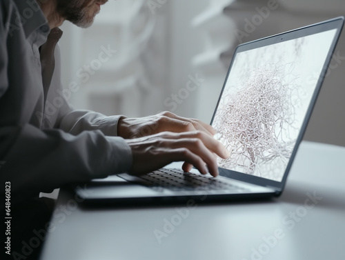 A programmer working on a computer, on a neural network screen, developing a neural network, creating an application for machine learning, artificial intelligence optimization. Focus on hands