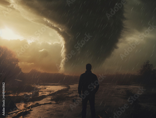 A man looks at a tornado approaching him. Disaster. Natural disaster.	