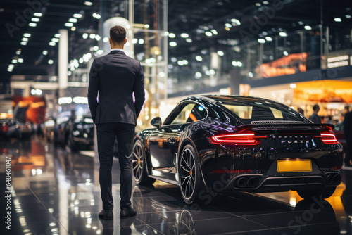 Elegant man in suit examining fancy car in showroom