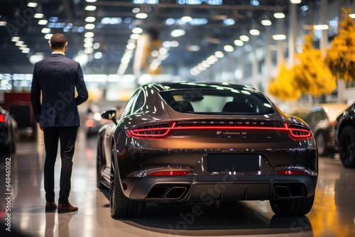 Elegant man in suit examining fancy car in showroom © sofiko14