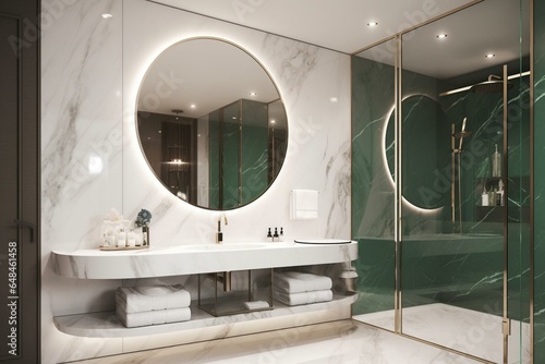 Elegant bathroom with white marble, green shower, and circular LED mirror. Generative AI