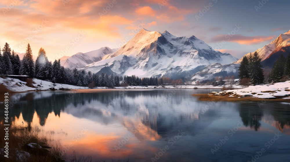A serene alpine lake at dawn, with snow-capped mountains in the background and a golden hue in the sky A serene alpine lake at dawn, with snow-capped mountains in the background and a golden hue in the sky
