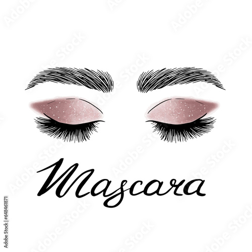 Eye with long eyelashes, shadows and glitter, vector illustration