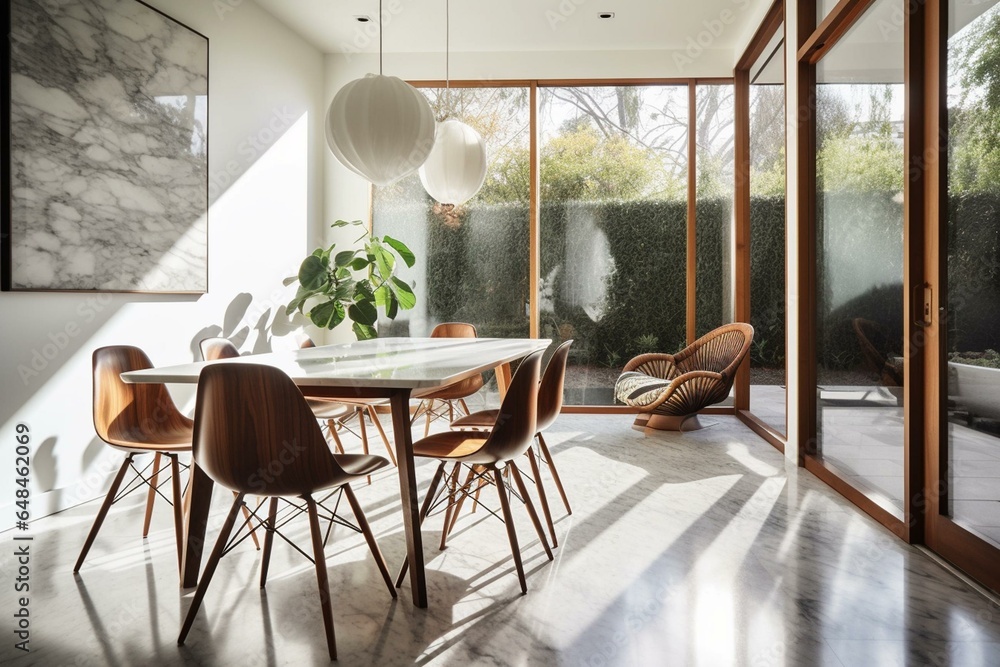 Bright, modern dining space with wood, marble, and abundant natural light. Generative AI
