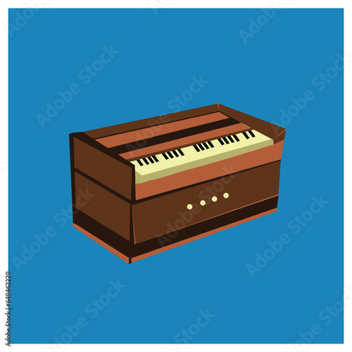 Vector illustration of Indian musical instrument Harmonium, a traditional wooden keyboard instrument.
 photo