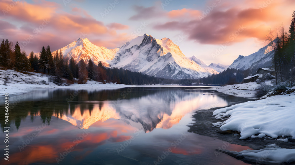 A serene alpine lake at dawn, with snow-capped mountains in the background and a golden hue in the sky