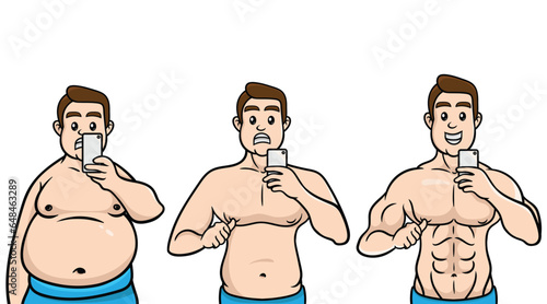 A man takes pictures before and after weight loss, Cartoon man use phone for selfie, Vector illustration, Difference between body shapes cartoon design, Cute fat man doing selfie,