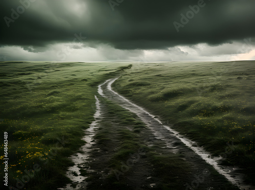 Field footpath realistic storm cinematic duotone colors.