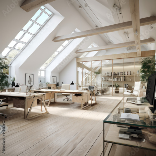 spacious loft office with glass cabinets and slide 