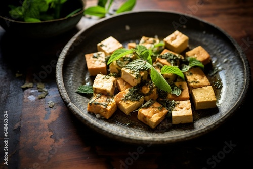 Smoky tofu, soy and basil on tiled table. Generative AI