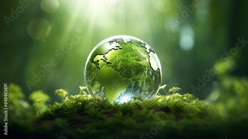 Green world, Eco-friendly, glossy globe, background. Modified Generative Ai image.