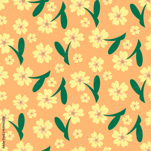 Seamless background of a blooming summer meadow with yellow flowers. Vegetable background for fashion, wallpaper, printing. Gentle background. Vector flowers in cartoon style. Children's Flower design