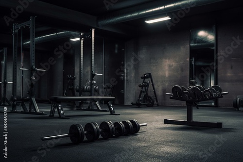 Dark fitness room with black dumbbells on the floor and training equipment in the background. Generative AI