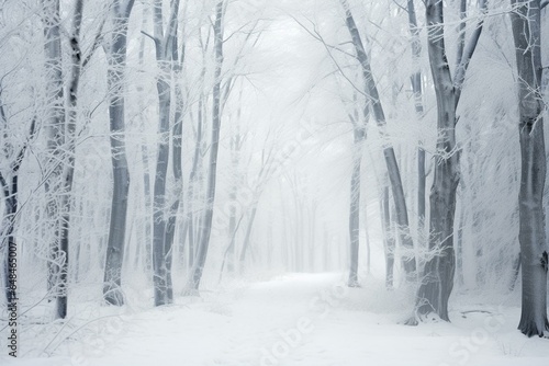 A serene winter forest filled with mist and snow-covered trees. Generative AI
