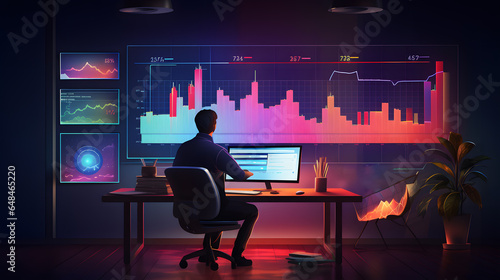 Immerse yourself in the world of moody neon finance as a person analyzes financial data on a giant computer monitor with vibrant pinks and blues.