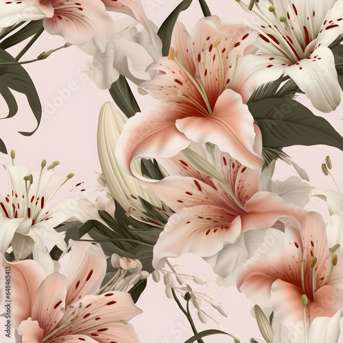 seamless pattern, seamless flower pattern, pink and white lily flowers, generated ai
