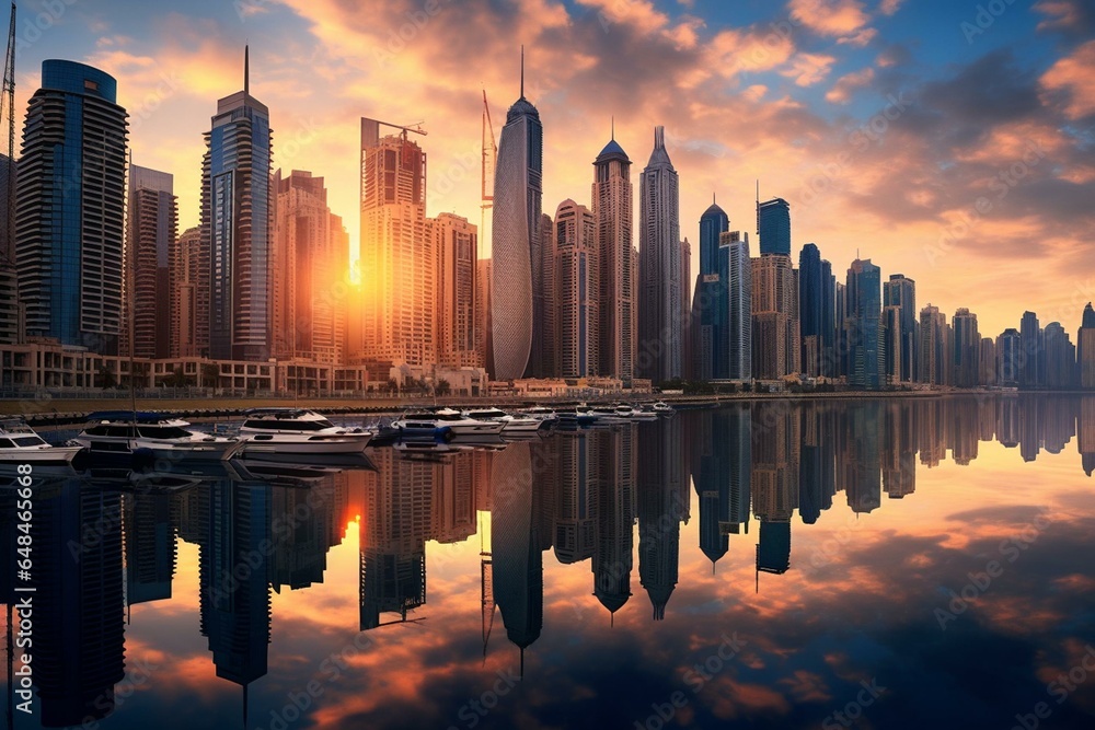 Skyline of Dubai - Marina skyscrapers during sunrise in the United Arab Emirates. Generative AI