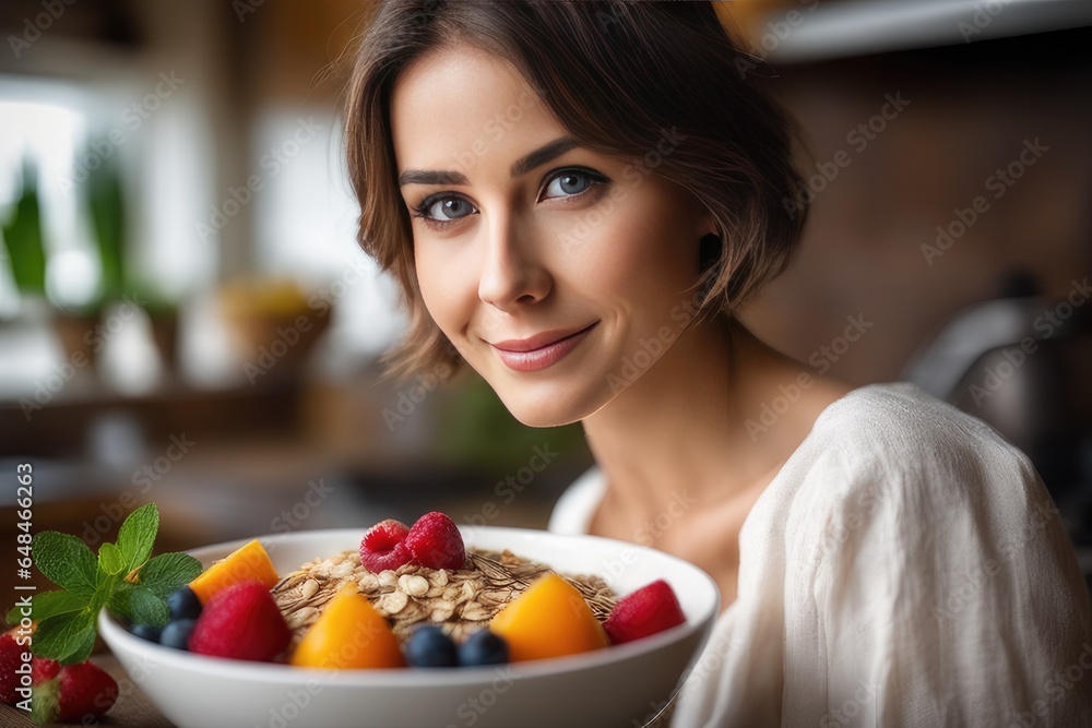 woman eating muesli with fruits woman eating muesli with fruits