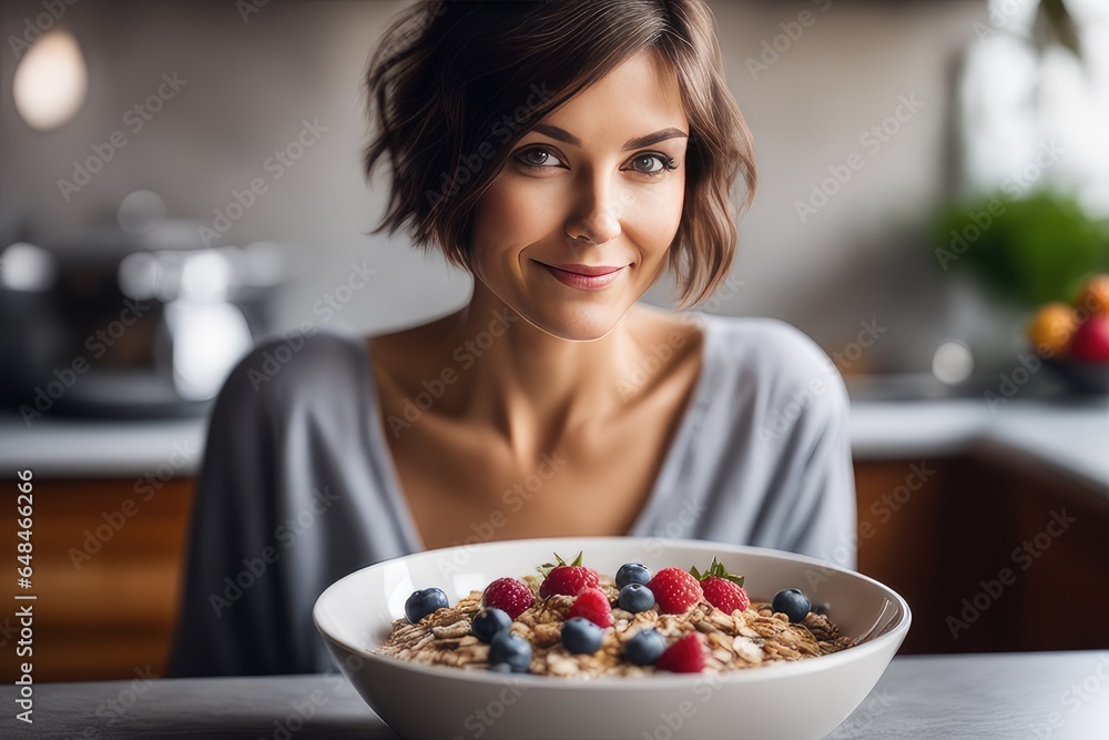 woman eating muesli with fruits woman eating muesli with fruits